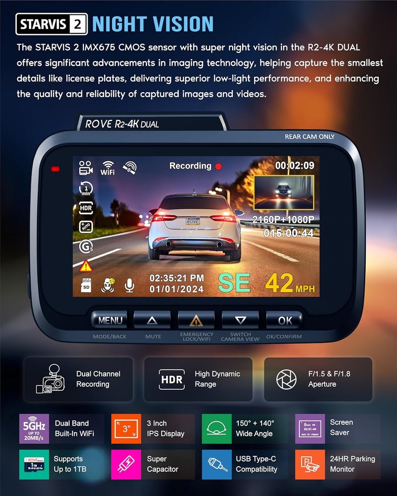 ROVE R2-4K DUAL Dash Cam Front and Rear, STARVIS 2 Sensor, FREE 128GB Card Included, 5G WiFi - up to 20MB/s Fastest Download Speed with App, 4K 2160P/FHD Dash Camera for Cars, 3" IPS, 24H Parking Mode - Image 4